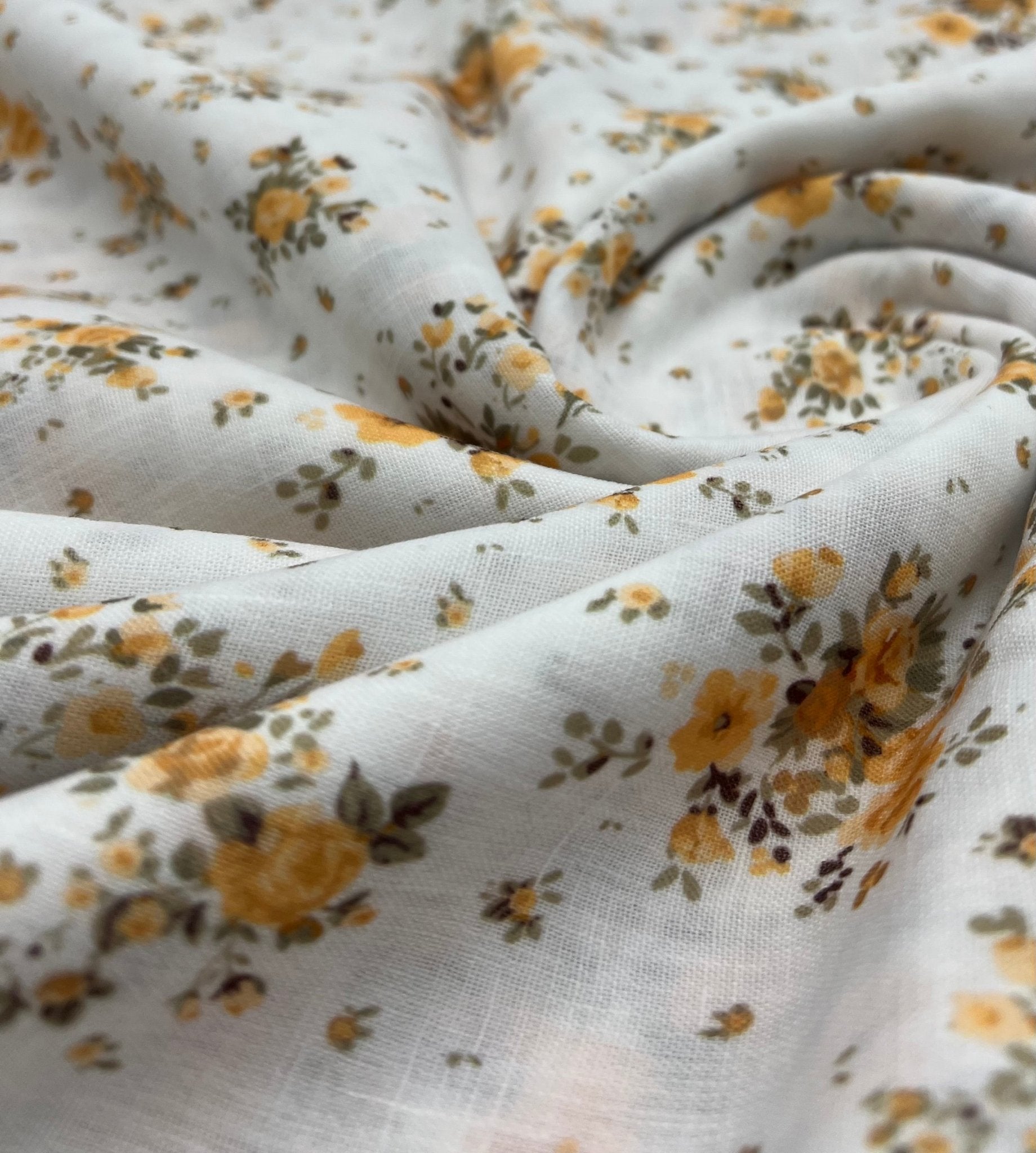 Ivory Yellow Floral Polyester Linen Non Stretch Fabric - T9 Fabrics